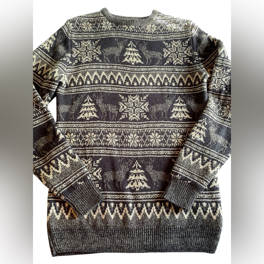 Cedar Wood State Christmas Holiday Fair Isle Gray Pullover Sweater Size S